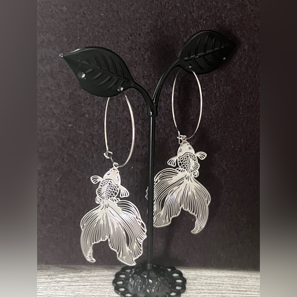 Oversized Silver Fish Hoop Earrings - Unique Statement Hoop Earrings - Picture 9 of 12